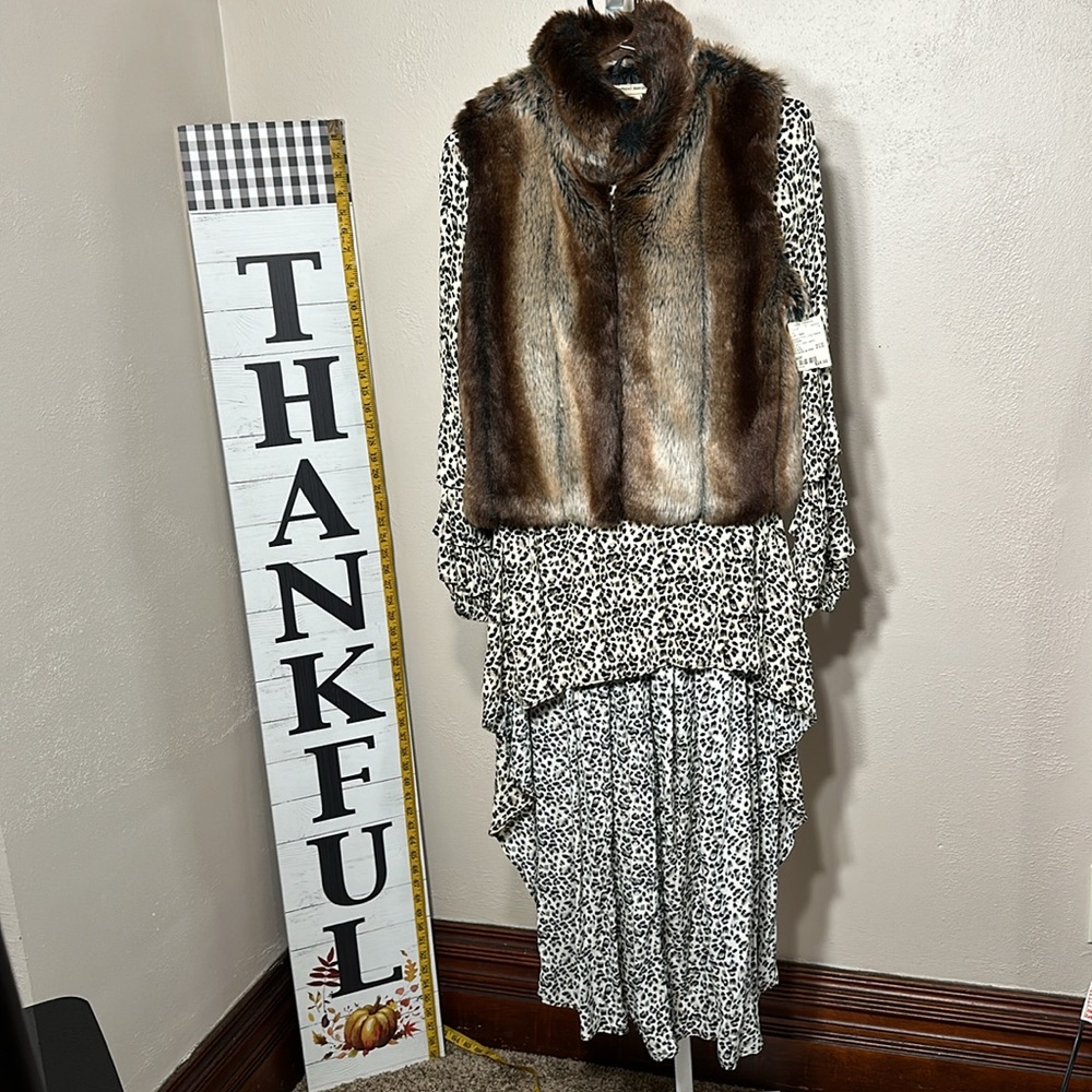 Faux Fur Vest Vertical Design brown hook closure cropped Medium bonus dress nwt
